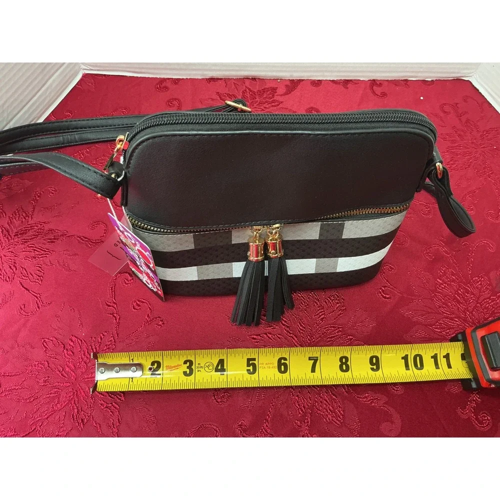 New Vegan Leather Plaid Crossbody Bag Black Grey White Tassel Dome Purse - Picture 12 of 14